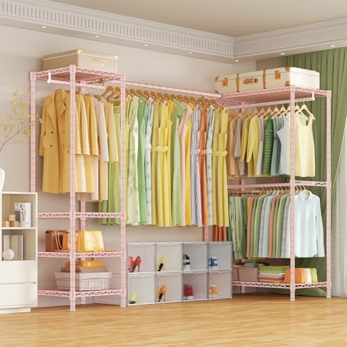 E10L L Shaped Clothes Rack for Corner（With Expandable Hanger Rod）Heavy Duty Freestanding Clothing Racks for Hanging Clothes