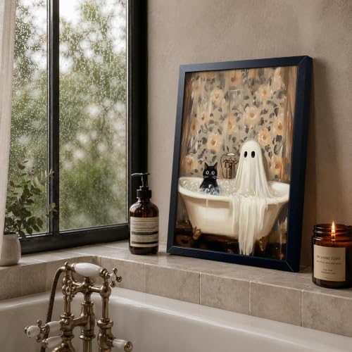 Funny Black Cat Bathroom Wall Art Framed Canvas Print