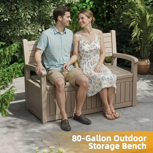 80 Gallon Outdoor Storage Bench Lockable Deck Box Outdoor Storage Box Waterproof for Patio