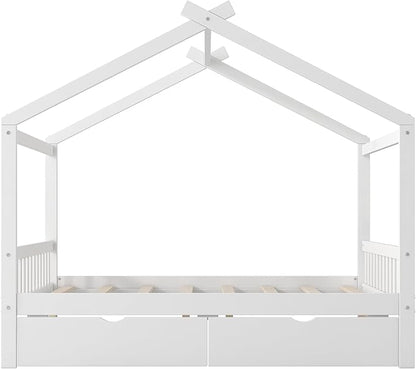 Harper & Bright Designs Full Size House Bed Frame for Kids, Wood Playhouse Platform Bed Frame with Two Drawers and Fence, Roof Design, White