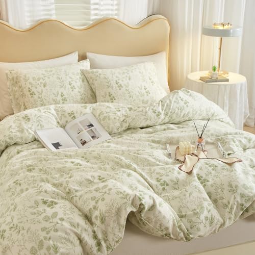 Garden Style Green Floral Comforter Set Full Size White Soft Fluffy Microfiber Comforter Chic Floral Printed Bedding Set Vintage Flowers Leaves Botanical Comforter Set All Seasons Full Comforter Set