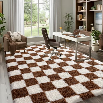 Fluffy Plush Shag Checkered Rug