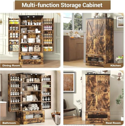 47" Farmhouse Pantry Cabinet with Barn Door & Large Drawer