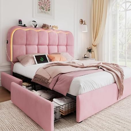 Full Size Bed Frame with 4 Storage Drawers and LED, Adjustable Clouds Headborad, Velvet Upholstered Platform Full Bed Frame with Charing Station, Wood Slats Support, No Box Spring Needed,Pink