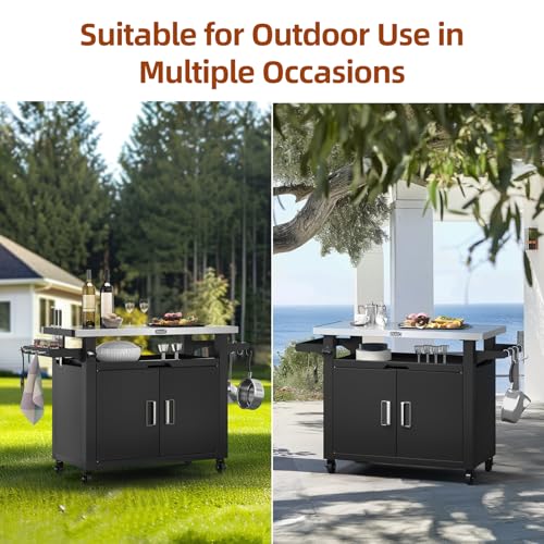 Outdoor Grill Cart with Storage Cabinet Metal Kitchen Island Prep Table with Movable Universal Wheels and Stainless Steel Top for Outside BBQ Backyard Include Hooks Spice Rack