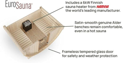 EuroSauna 2-Person Outdoor Barrel Sauna with Shingles, Lighting, & 6kW Harvia Sauna Heater, 81x59