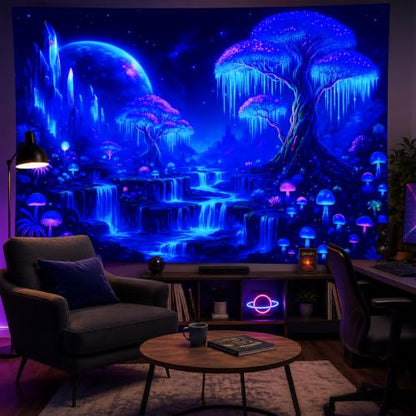 Blacklight Tapestry Forest Waterfall Wall Hanging 78 x 59 Inch