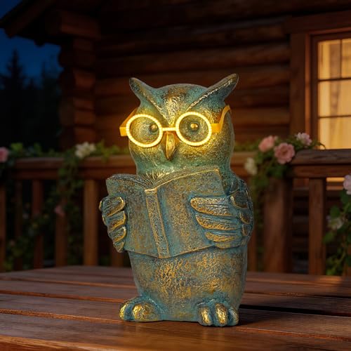 Reading Owl Statue with Solar Glasses Garden Decor Gift for Women
