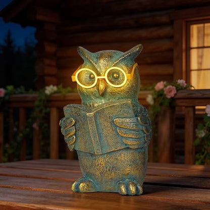Reading Owl Statue with Solar Glasses Garden Decor Gift for Women