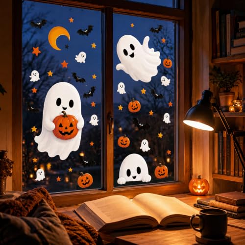 Halloween Window Clings Cute Ghost Pumpkin Bat Moon Window Decals Stickers for Halloween Party Supplies Home Glass Decorations