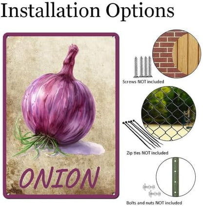 Vegetables Metal Sign Vintage Decor Onion Sign Farm Wall Decor Sturdy Rust Waterproof Aluminum Signs for Outdoor Yard Garden Easy to Install 12x16inch
