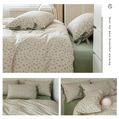 Full Comforter Set Vintage Green Floral Bedding Comforter Boho Flower Cottagecore Comforter with 2 Bow Ties Pillowcases Fluffy Lightweight Bedding Farmhouse Botanical Comforter Set (3 Count)