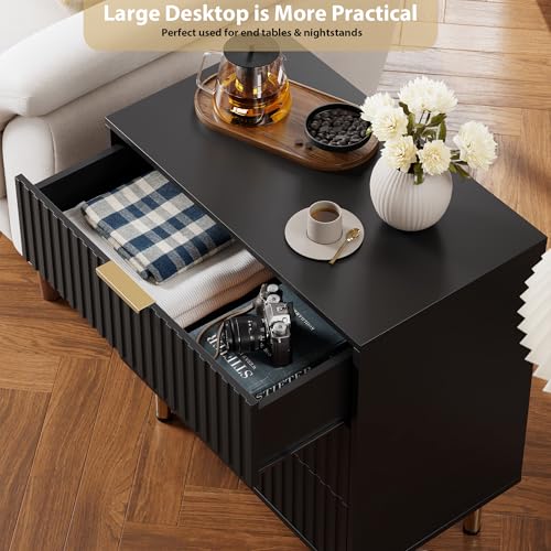 Fluted Black 3 Drawer Dresser for Bedroom with Deep Drawers