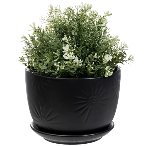 7 Inch Black Ceramic Sunburst Planter Pot with Attached Saucer