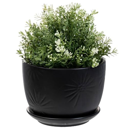 7 Inch Black Ceramic Sunburst Planter Pot with Attached Saucer