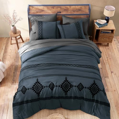 Embroidery Queen Comforter Set 7 Pieces Blue Grey Bed in a Bag