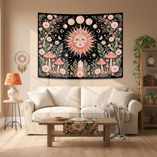 Boho Pink Sun Moon Phase Daisy Flower Mushroom Tapestry 80 x 60 Inch