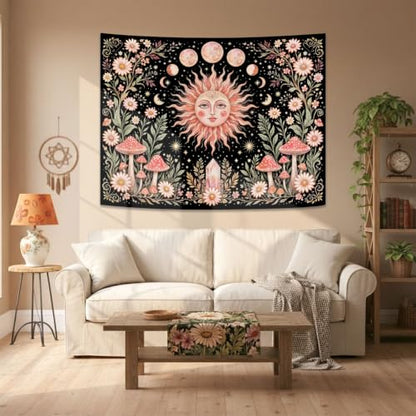 Boho Pink Sun Moon Phase Daisy Flower Mushroom Tapestry 80 x 60 Inch