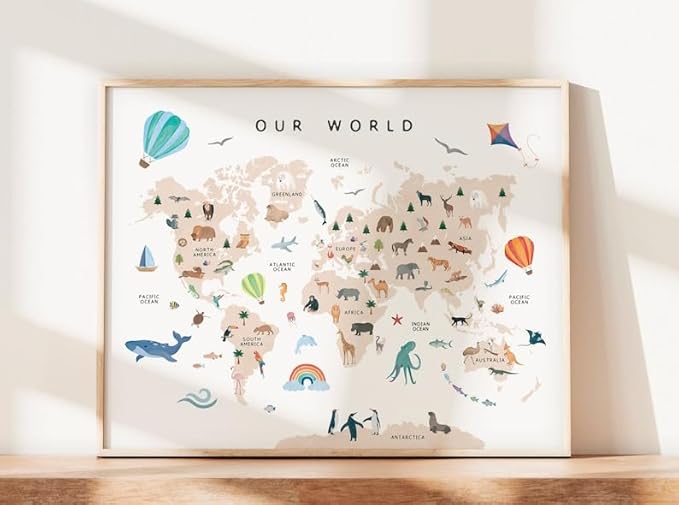 OZCONO Animal World Map Poster, Kids Educational Geography Decor, Safari Animals Nursery Art, Montessori Learning Wall Print (Unframed) (20x30)