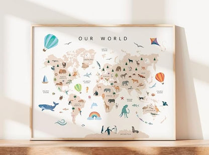 OZCONO Animal World Map Poster, Kids Educational Geography Decor, Safari Animals Nursery Art, Montessori Learning Wall Print (Unframed) (20x30)