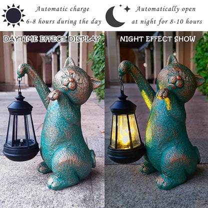 Cat Garden Statue Outdoor Décor with Solar Lights Lantern