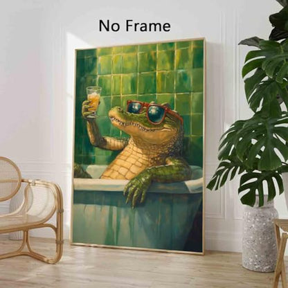 Crocodile Bathroom Canvas Funky Animal Posters Vintage Green Picture Wild Animals Painting Aesthetic Cocktail Picture Funny Bathroom Animals Prints Living Room Decor 16x24inch No Frame