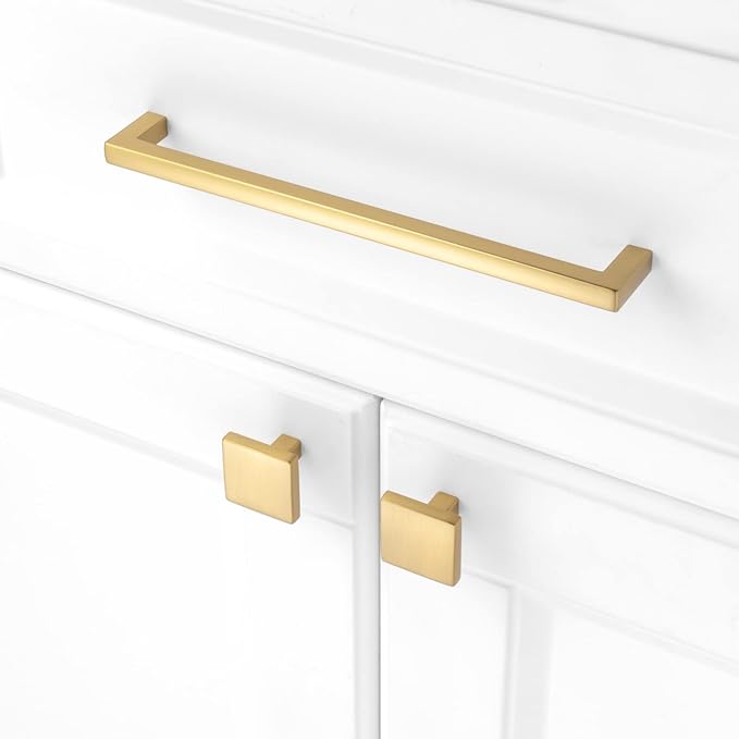 KOOFIZO Solid Square Bar Cabinet Handle - Brushed Gold Furniture Pull, 7.6 Inch/192mm Screwhole Distance, Pack of 5 for Kitchen Cupboard Door, Bedroom Dresser Drawer, Bathroom Wardrobe Hardware