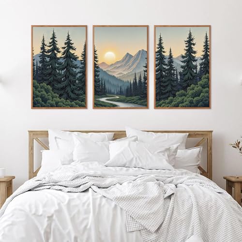 Boho Mountain Sun Forest Framed Canvas Wall Art