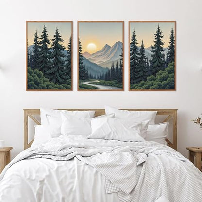 Boho Mountain Sun Forest Framed Canvas Wall Art