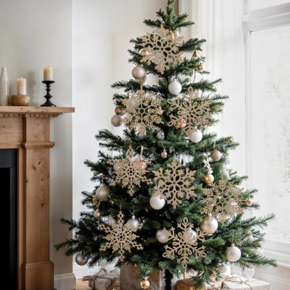 12pcs Large Champagne Gold Snowflakes Ornaments 12” Big Plastic Glitter Snowflake for Winter Indoor Outdoor Christmas Tree Window Room Decorations Giant Craft Snowflakes (12 Count)