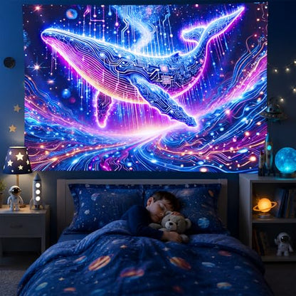 Blacklight Tapestry Whale Circuit Glow Backdrop 78 x 59 Inch