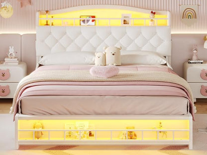 BTHFST Full Size Upholstered Girl Bed with LED Lights & Charging Station, Princess Platform Bed with Hidden Storage Headboard, No Box Spring Needed/Easy Assembly, Beige