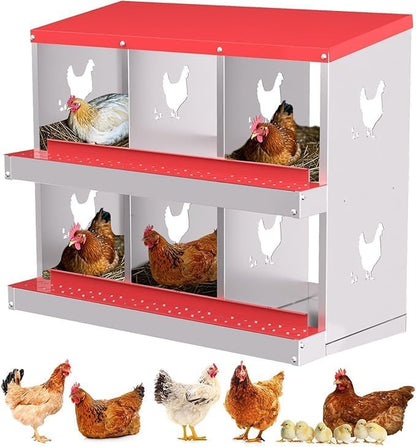 Chicken Nest Box, 6-Compartment Egg-Laying Box, Metal Hen House, Convenient for Collecting Eggs - Ventilated Poultry House Equipment - Suitable for Hens, Ducks Red,Without Stand