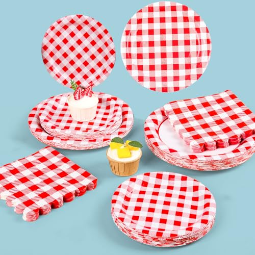200Pcs Christmas Red Gingham Party Supplies Red Gingham Paper Plates and Napkins Cups Plaid Party Plates Disposable Reds and White Checkered Plates for Christmas Birthday Family Picnic (200 Count)