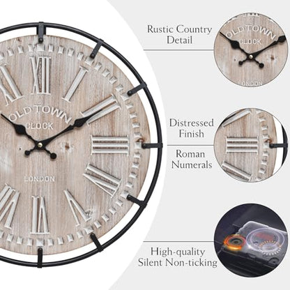 12 Inch Farmhouse Wall Clock Rustic Antique Wood with Metal Circle and Large Engraved Numerals