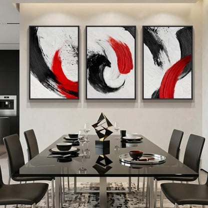 Large Framed Red Black White Abstract Wall Art for Living Room (3 Count)