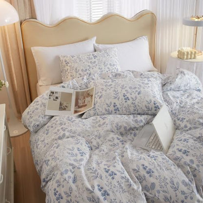 Vintage Flower Comforter Set King Blue Floral Bedding Comforter Cottagecore Flower Botanical Comforter Set Fluffy Soft Coquette Bedding King Size Lightweight Boho Floral Comforter with 2 Pillowcases (3 Piece Set)
