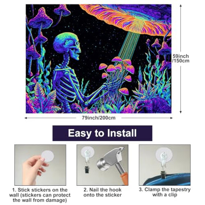 Blacklight Tapestry Skeleton UFO Glow Backdrop 78 x 59 Inch