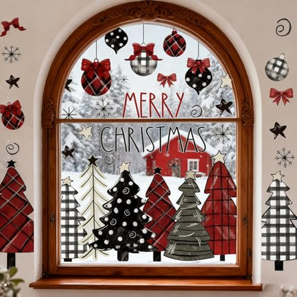Christmas Window Clings for Glass 9 Sheet Xmas Tree Window Decals with Plaid Designs Window Stickers Winter Windows Cling for Party Supplies Home School Office Glass Decorations (9 Count)