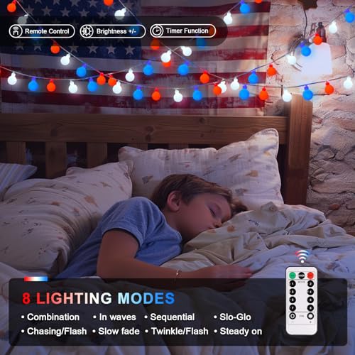 33ft 100 LED Red White and Blue Lights Battery Operated
