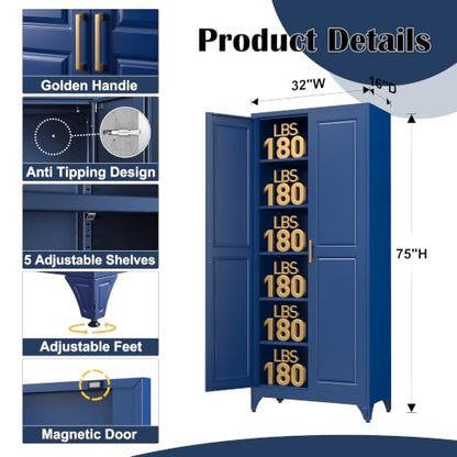75”Metal Pantry Storage Cabinet with Doors & 5 Adjustable Shelves