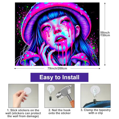 Blacklight Tapestry Girl 78x59 Inch Blacklight Mushroom Tapestry