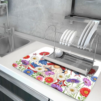 4th of July Dish Drying Mat for Kitchen Counter Cute Patriotic Super Absorbent Reversible Microfiber Kitchen Countertop Protector Dishes Pad Large 18x24 inch