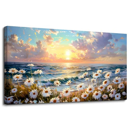 Large Canvas Wall Art For Living Room Bedroom Wall Decor Office Beach With Waves Landscape Painting White Flowers Painting Bathroom Dining Room Artwork Picture Home Decoration 20x40 In
