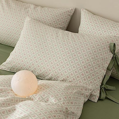 Full Comforter Set Pink Flower Comforter with 2 Bowknot Pillowcases Chic Plaid Grid Prints Floral Bedding Comforter Boho Farmhouse Bedding Set French Country Style Botanical Comforter Set (3 Count)