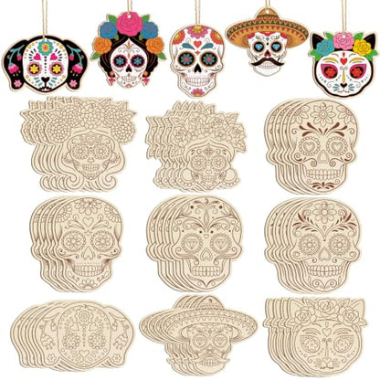 36PCS Wooden Day of The Dead Skull Ornaments to Paint Dia De Los Muertos Decorations Crafts for Kids