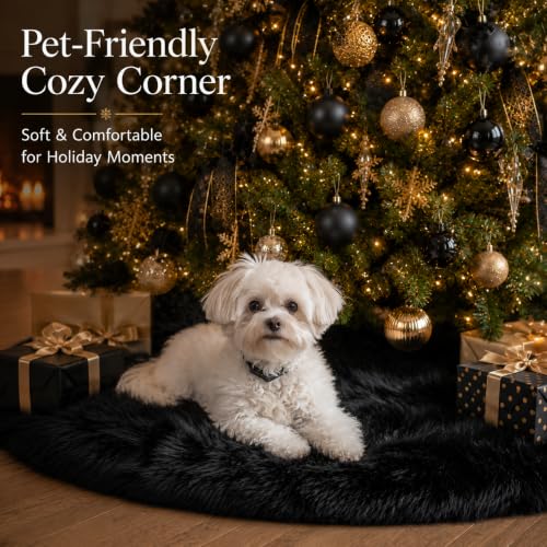 24 Inch Faux Fur Christmas Tree Skirt Black Plush Skirt for Merry Christmas Party Christmas Tree Decoration