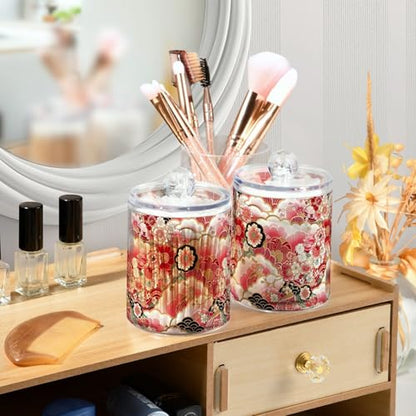 2 Pack Qtip Holder Organizer Dispenser Japanese Flowers Pattern Bathroom Storage Canister Cotton Ball Holder Container for Cotton Pads (2 Count)