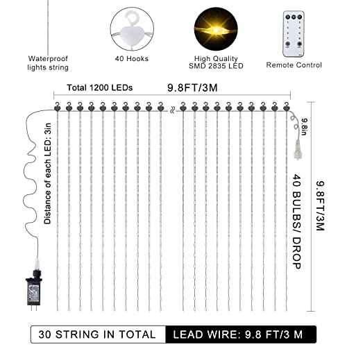 1200 LED Curtain Fairy Lights 10Ftx10Ft with Timer Remote Control Plug in (1200 Count)