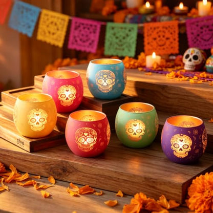 Day of Dead Skull Glass Votive Candle Holders for Indoor Halloween Decor (4 Count)